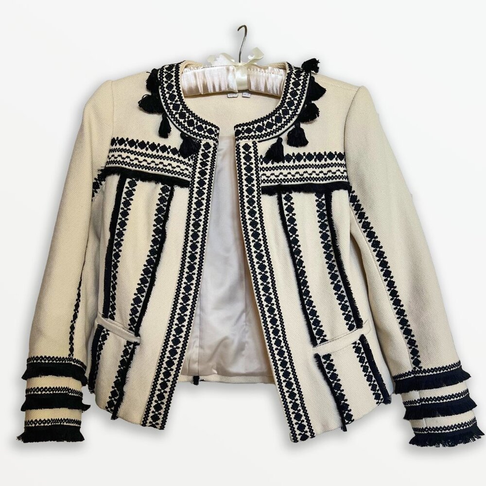 Boden Cream Ivory Embroidered Long Sleeve Cropped Jacket Blazer Sz 2